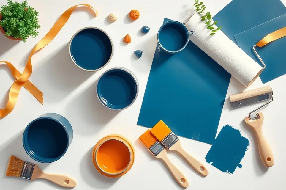 Pots de peinture, nuancier, brosses et rouleaux disposés à plat
