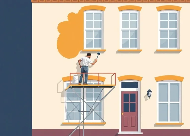 Peintre sur échafaudage traitant la façade d'une maison