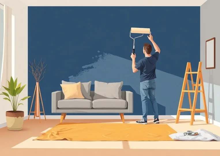 Peintre appliquant la peinture au rouleau sur un mur de salon